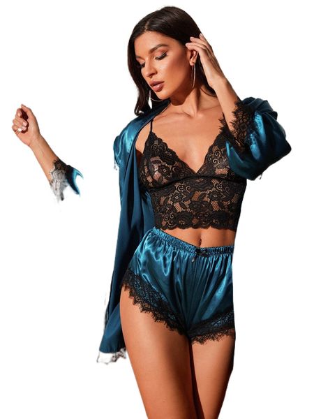 3pcs lace cami & satin shorts & belted robe f1ig#, Black;red
3pcs lace cami & satin shorts & belted robe f1ig#, Black;red