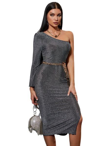 one shoulder flounce sleeve split thigh metallic bodycon dress without belt n8xs#, Black;gray
one shoulder flounce sleeve split thigh metallic bodycon dress without belt n8xs#, Black;gray