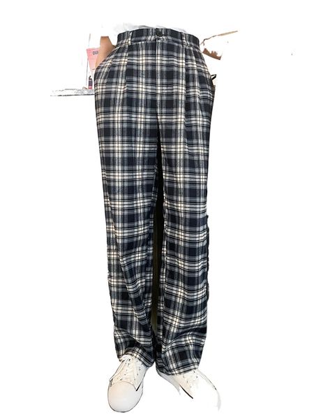 dazy plaid print slant pockets pants w7gb#, Black;white 
dazy plaid print slant pockets pants w7gb#, Black;white
