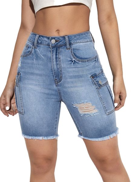 raw hem ripped flap pocket denim shorts 79g9#, White;black