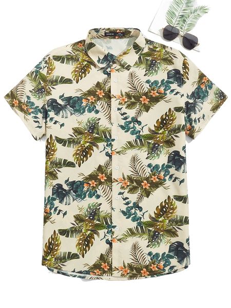 men tropical print shirt 883f#, White;black 
men tropical print shirt 883f#, White;black