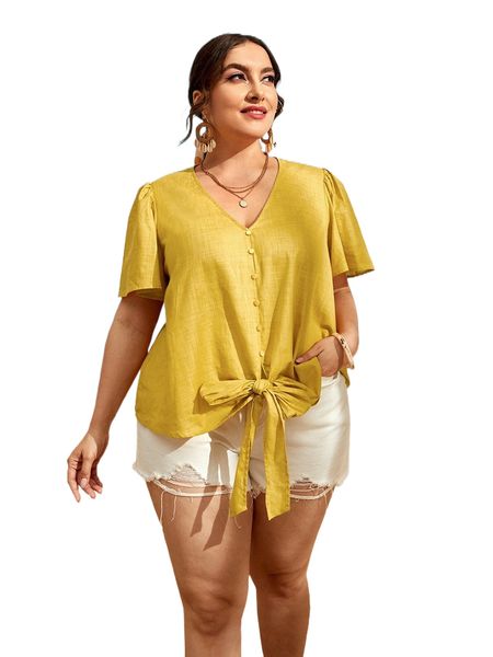 plus flutter sleeve tie hem blouse i7ra#, Black