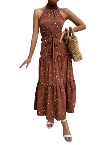 polka dot tiered hem belted dress i3xj#, Black;gray