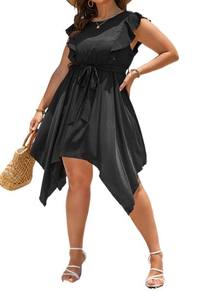 plus butterfly sleeve hanky hem belted dress f4xp#, Black
plus butterfly sleeve hanky hem belted dress f4xp#, Black