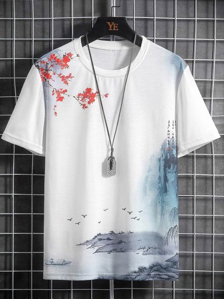men letter & landscape print tee u6g1#, White;black