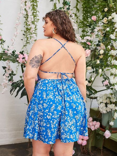 plus floral print backless dress 11eq#, Black