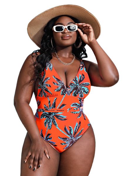 plus tropical print ruched one piece swimsuit b7o9#, White;black