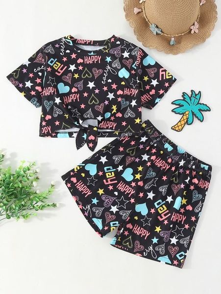 girls heart and letter graphic knot hem tee & shorts she, White 
girls heart and letter graphic knot hem tee & shorts she, White