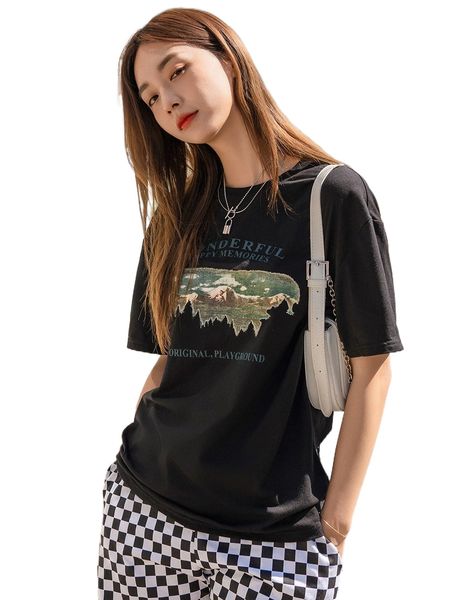 dazy letter and mountain print oversized tee o5z5#, White
dazy letter and mountain print oversized tee o5z5#, White