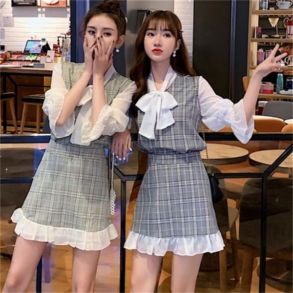 new summer vintage mini bow 2 pcs set korean flarre sleeve plaid twinset chiffon patchwork brief women 2 piece skirt sets, White
new summer vintage mini bow 2 pcs set korean flarre sleeve plaid twinset chiffon patchwork brief women 2 piece skirt sets, White