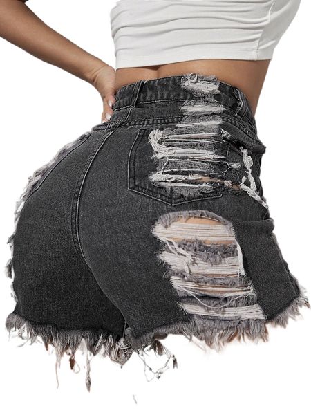 high waist ripped raw hem denim shorts 384j#, White;black
high waist ripped raw hem denim shorts 384j#, White;black