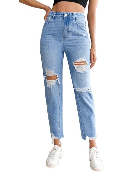 tall high waist ripped frayed hem mom fit jeans 40x8#, Blue