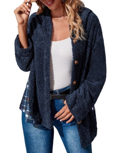 plaid panel hooded teddy coat v9wz#, Black