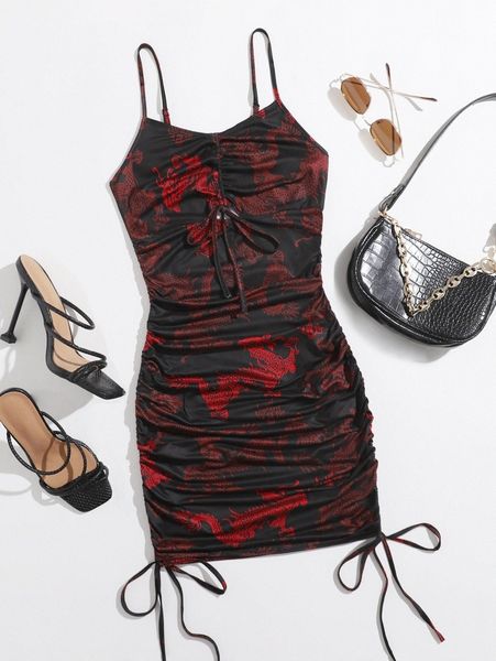 drawstring side chinese dragon print dress s59u#, Black;gray
drawstring side chinese dragon print dress s59u#, Black;gray