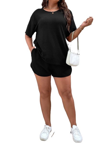 plus drop shoulder waffle knit tee & tie front shorts m6pa#, Black
plus drop shoulder waffle knit tee & tie front shorts m6pa#, Black