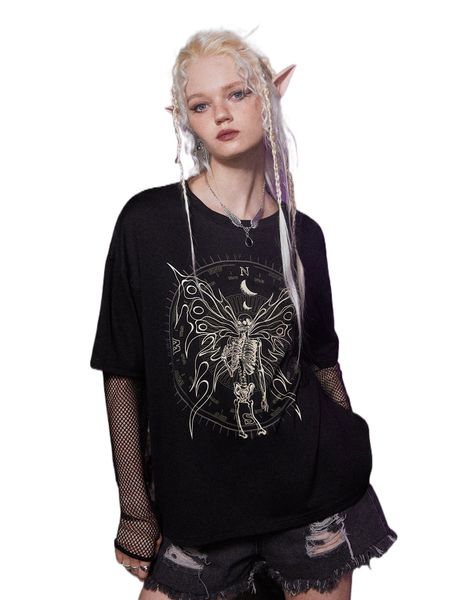 romwe goth 2 in 1 contrast fishnet skull graphic drop shoulder tee z8v9#, White 
romwe goth 2 in 1 contrast fishnet skull graphic drop shoulder tee z8v9#, White