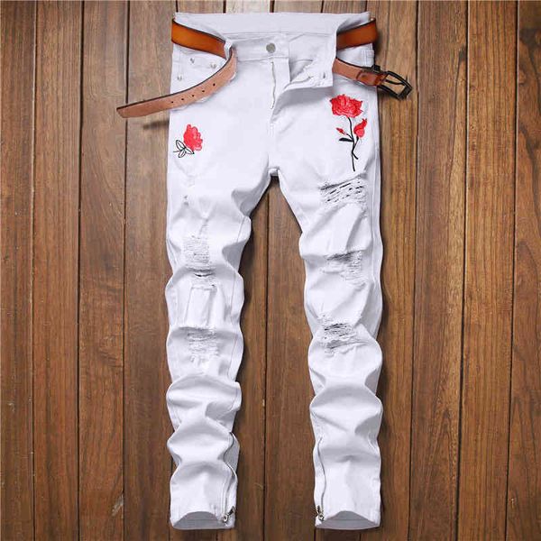 men's jeans design white embroidery rose elastic small foot tight men's perforated jeans fashionable pants 1863 r97u, Blue
men's jeans design white embroidery rose elastic small foot tight men's perforated jeans fashionable pants 1863 r97u, Blue