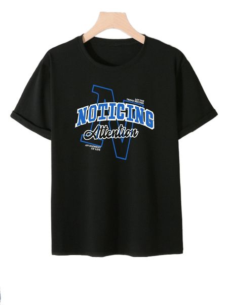 men 1pc slogan graphic tee q80e#, White;black 
men 1pc slogan graphic tee q80e#, White;black