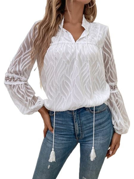 guipure lace insert lantern sleeve blouse k9td#, White 
guipure lace insert lantern sleeve blouse k9td#, White