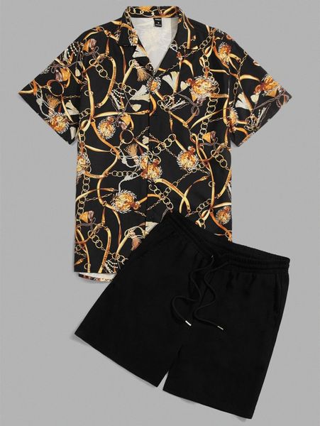 men chain print shirt & drawstring waist shorts set s2yn#, Gray
men chain print shirt & drawstring waist shorts set s2yn#, Gray