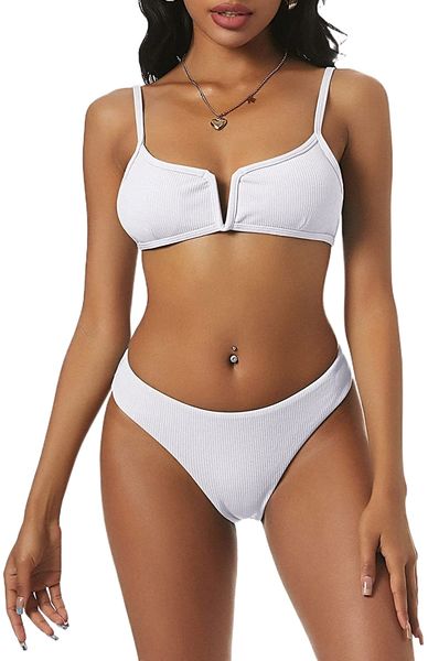 women v cut cami bikini set two piece high cut swimsuit ribbed adjustable straps bralette bathing suit o9vn#, White;black
women v cut cami bikini set two piece high cut swimsuit ribbed adjustable straps bralette bathing suit o9vn#, White;black
