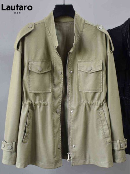 lautaro spring autumn light green soft faux leather jackets for women with many pockets drawstring long sleeve zipper fashion l220728, Black
lautaro spring autumn light green soft faux leather jackets for women with many pockets drawstring long sleeve zipper fashion l220728, Black