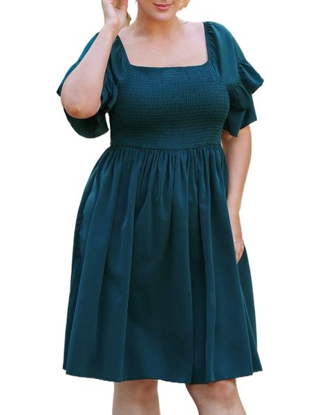 plus shirred flounce sleeve dress 49bg#, Black