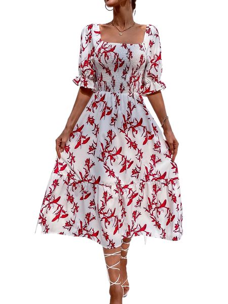 floral print shirred bodice flounce sleeve ruffle hem dress k14j#, Black;gray
floral print shirred bodice flounce sleeve ruffle hem dress k14j#, Black;gray