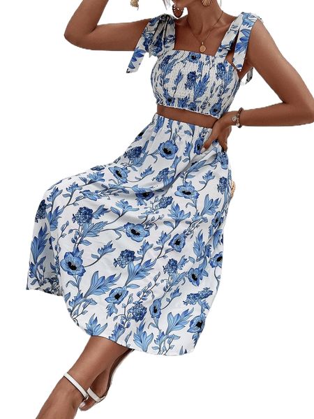 allover floral print shirred tie shoulder cami & skirt g20q#, White 
allover floral print shirred tie shoulder cami & skirt g20q#, White