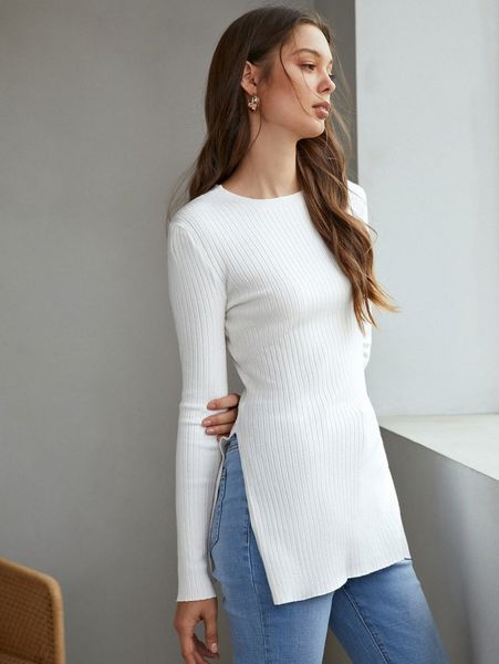 split hem rib-knit sweater u5t4#, White;black