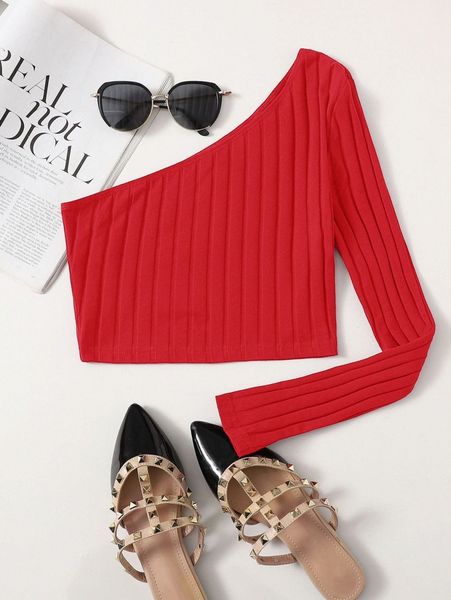 one shoulder rib-knit crop 59wb#, White