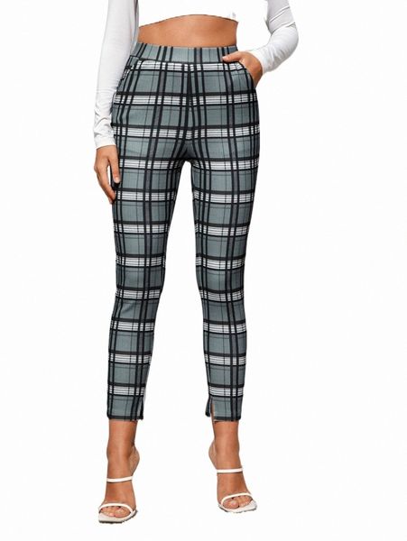plaid print slant pocket pants i3wu#, Black;white