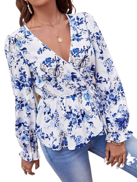 floral print flounce sleeve peplum blouse v44z#, White