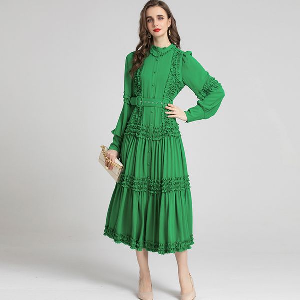 women's runway dresses o neck long sleeves ruffles drop waist fashion designer dress with belt, Black
women's runway dresses o neck long sleeves ruffles drop waist fashion designer dress with belt, Black