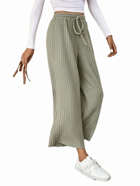 ribbed knit drawstring waist wide leg pants y7i2#, Black;white