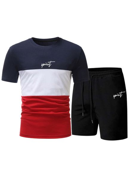 men letter graphic colorblock tee & drawstring waist shorts a2cj#, Gray
men letter graphic colorblock tee & drawstring waist shorts a2cj#, Gray