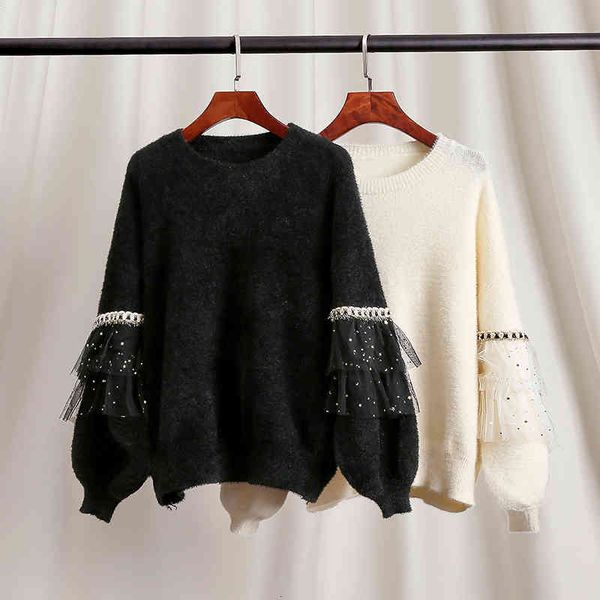 women's sweaters design sense minority black mink sweater women women's autumn and winter mink mesh stitched lantern sleeves, White;black
women's sweaters design sense minority black mink sweater women women's autumn and winter mink mesh stitched lantern sleeves, White;black