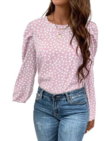 allover print tie back puff sleeve blouse 15qj#, White