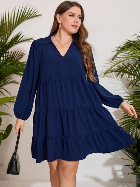 plus lantern sleeve ruffle hem smock dress t2ve#, Black