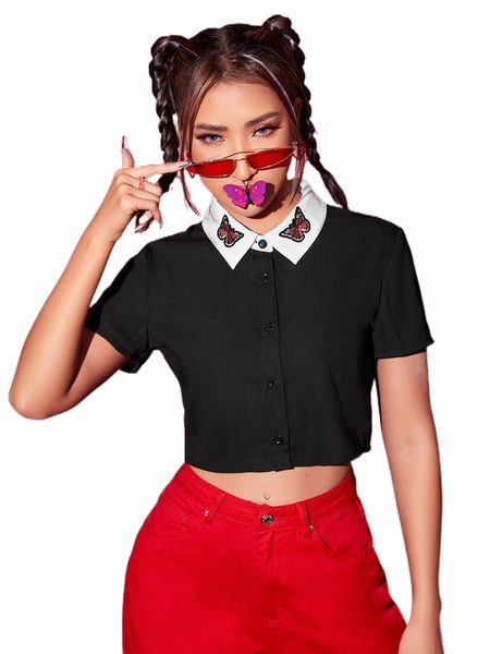 butterfly embroidery contrast collar button front crop blouse q5ws#, White
butterfly embroidery contrast collar button front crop blouse q5ws#, White