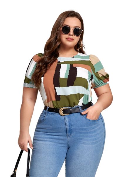 plus all over print puff sleeve keyhole back blouse a2eu#, Black 
plus all over print puff sleeve keyhole back blouse a2eu#, Black