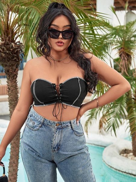 plus stitching grommet lace up front crop tube z80h#, Black
plus stitching grommet lace up front crop tube z80h#, Black