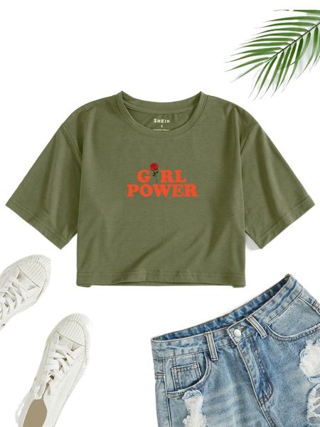 letter & floral print tee 25lu#, White
letter & floral print tee 25lu#, White