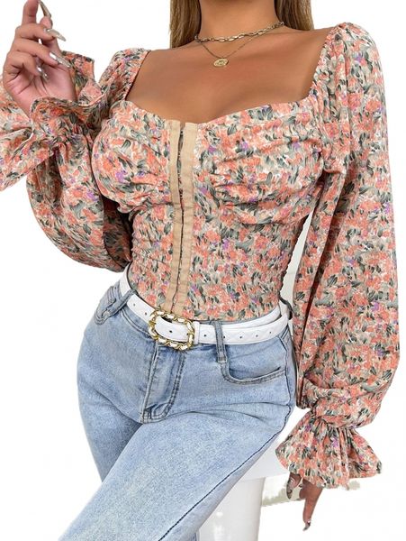 allover floral print flounce sleeve hook and eye crop blouse k4wd#, White 
allover floral print flounce sleeve hook and eye crop blouse k4wd#, White