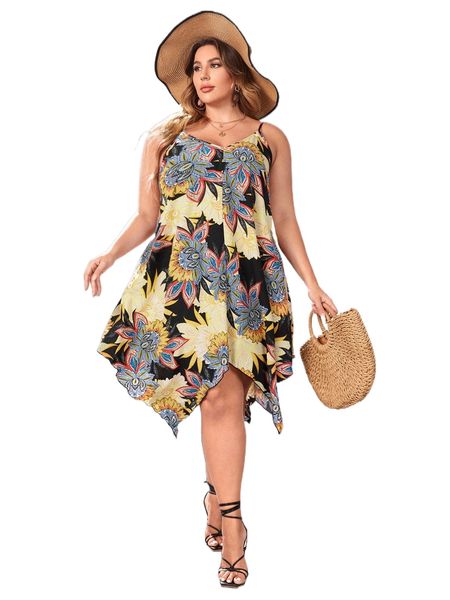plus floral print hanky hem cami dress c8eo#, Black