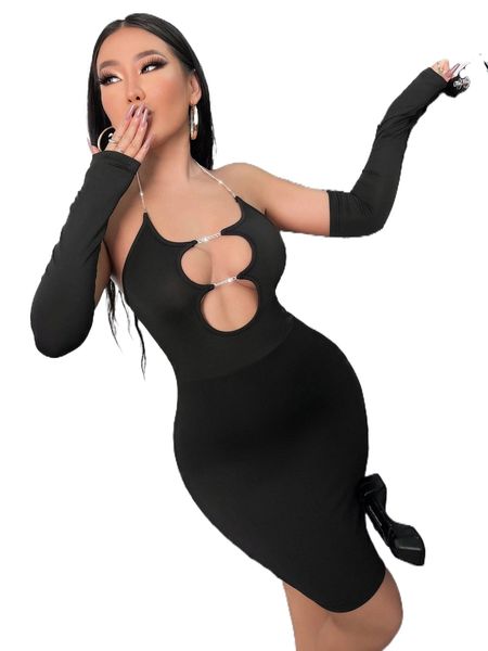 cut out chain strap backless halter bodycon dress & arm sleeve c3j8#, Black;gray