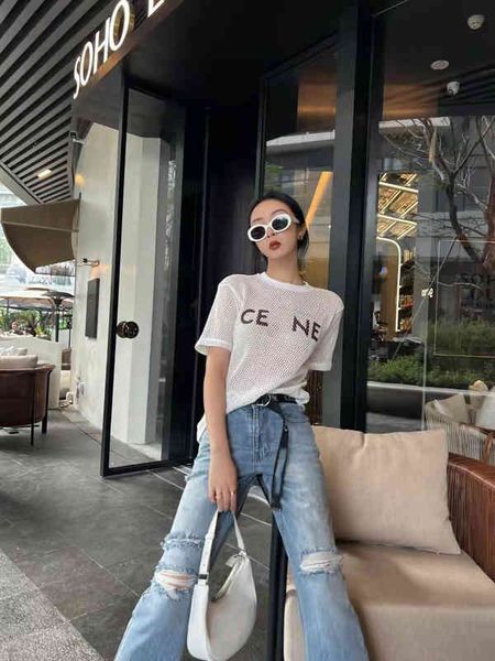 women's t-shirt ce summer grid letter printed hollow out short sleeve t-shirt, White
women's t-shirt ce summer grid letter printed hollow out short sleeve t-shirt, White