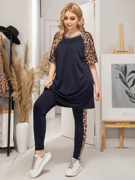 plus contrast leopard raglan sleeve tee & side stripe leggings 83ng#, Black