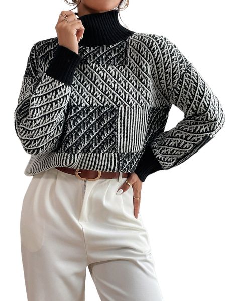 stripe pattern high neck drop shoulder sweater k8tm#, White;black 
stripe pattern high neck drop shoulder sweater k8tm#, White;black