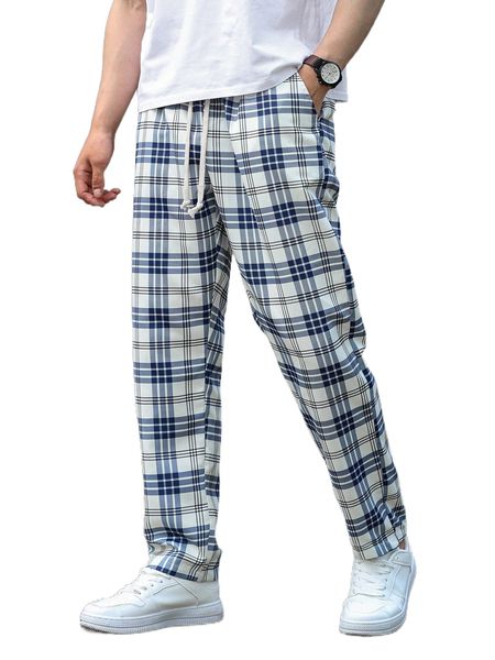 men plaid drawstring waist pants s7cb#, Black 
men plaid drawstring waist pants s7cb#, Black